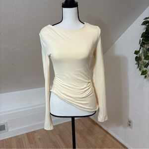 White Fox Elegant Cream Long Sleeve Asymmetric Ruched Top Size Small